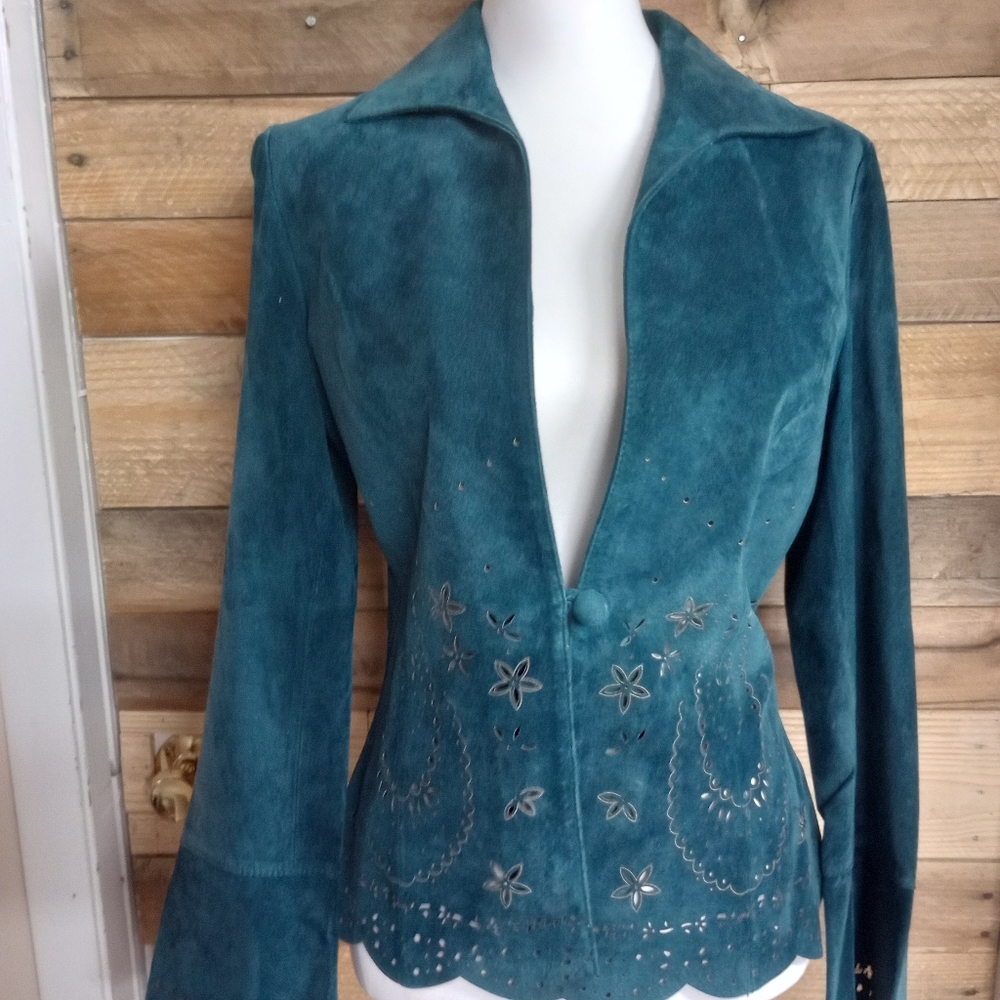 Teal Suede Floral-Embroidered Women's Leather Jacket
